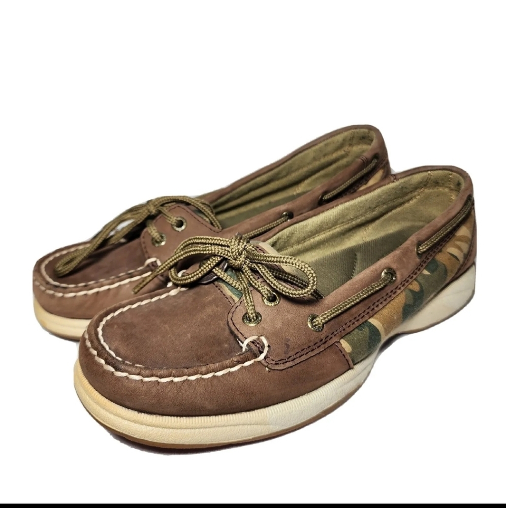 Sperry Top Sider Boat Shoes Women's 8 Camo Brown Slip On Loafers Leather